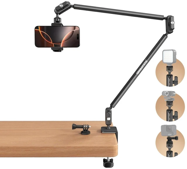 Main image of 33" Magic Arm Phone Desk Clamp, Overhead Camera Mount, Boom Arm | Webcam Arm with 1/4" Screw, Stable C-clamp, Phone Holder/Action Cam Adapter Included, Long Phone Arm for POV Shot, Mic, Light