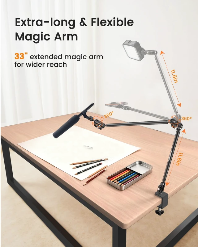 Alt view image 2 of 6 - 33" Magic Arm Phone Desk Clamp, Overhead Camera Mount, Boom Arm | Webcam Arm with 1/4" Screw, Stable C-clamp, Phone Holder/Action Cam Adapter Included, Long Phone Arm for POV Shot, Mic, Light