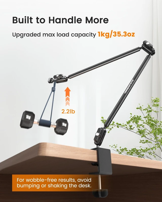 Alt view image 3 of 6 - 33" Magic Arm Phone Desk Clamp, Overhead Camera Mount, Boom Arm | Webcam Arm with 1/4" Screw, Stable C-clamp, Phone Holder/Action Cam Adapter Included, Long Phone Arm for POV Shot, Mic, Light