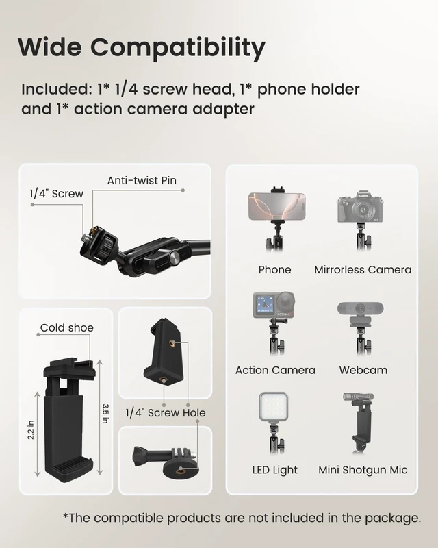 Alt view image 4 of 6 - 33" Magic Arm Phone Desk Clamp, Overhead Camera Mount, Boom Arm | Webcam Arm with 1/4" Screw, Stable C-clamp, Phone Holder/Action Cam Adapter Included, Long Phone Arm for POV Shot, Mic, Light