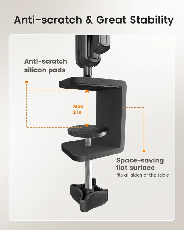 Alt view image 5 of 6 - 33" Magic Arm Phone Desk Clamp, Overhead Camera Mount, Boom Arm | Webcam Arm with 1/4" Screw, Stable C-clamp, Phone Holder/Action Cam Adapter Included, Long Phone Arm for POV Shot, Mic, Light