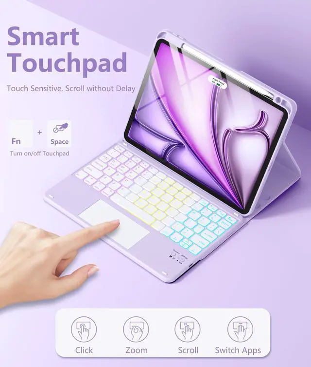 Alt view image 4 of 7 - for iPad Air 11 Inch Case with Keyboard M4/M3/M2 - Multi-Touch Trackpad, 7 Colors Backlit, Magnetic Stain Proof Folio Cover for iPad Air 5/4th Generation & Pro 11-in 4th 3rd 2nd 1st Gen, Purple