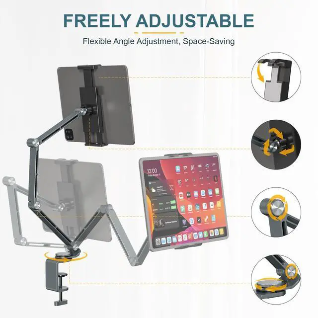 Alt view image 3 of 7 - Tablet Stand Holder, Adjustable Foldable Tablet Arm iPad Desk Mount with 360°Rotate Base, Phone Holder iPad Stand for Desk and Bed, Compatible with Tablets, Phones or Other 4-15.6" Device