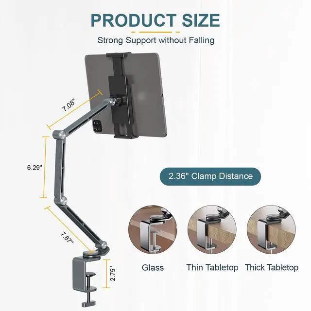 Alt view image 4 of 7 - Tablet Stand Holder, Adjustable Foldable Tablet Arm iPad Desk Mount with 360°Rotate Base, Phone Holder iPad Stand for Desk and Bed, Compatible with Tablets, Phones or Other 4-15.6" Device