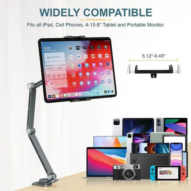Alt view image 2 of 7 - Tablet Stand Holder, Adjustable Foldable Tablet Arm iPad Desk Mount with 360°Rotate Base, Phone Holder iPad Stand for Desk and Bed, Compatible with Tablets, Phones or Other 4-15.6" Device