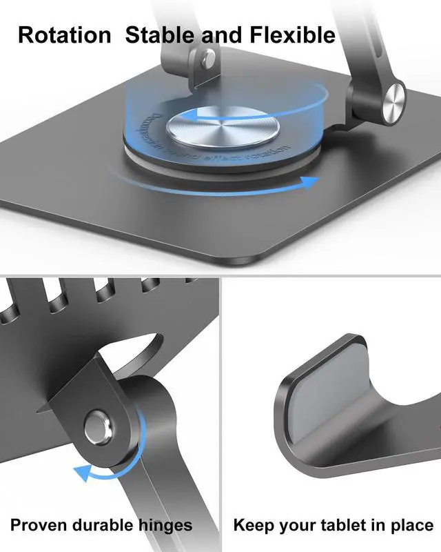 Alt view image 3 of 6 - Swivel iPad Stand for Desk, Aluminum Tablet Stand for Desk with 360 Rotating Base, Adjustable & Foldable iPad Holder, Compatible with Tablets, Switch, Kindle, Phone