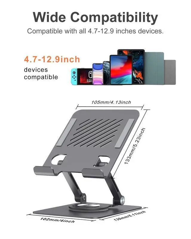 Alt view image 4 of 6 - Swivel iPad Stand for Desk, Aluminum Tablet Stand for Desk with 360 Rotating Base, Adjustable & Foldable iPad Holder, Compatible with Tablets, Switch, Kindle, Phone