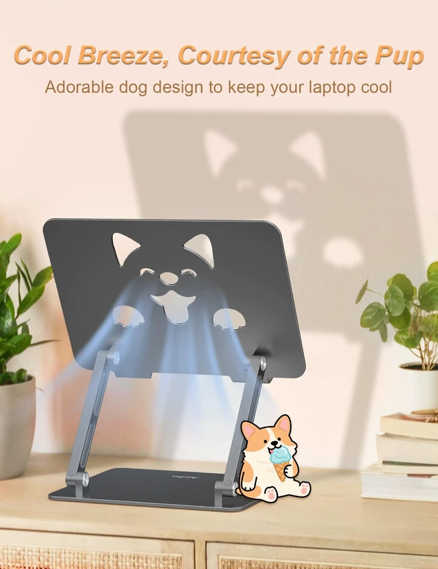 Alt view image 3 of 7 - Aluminum Laptop Stand for Desk Fit for All 10"-17.3" Laptops, Grey Height-adjustable Notebook Holder, Ergonomic Computer Riser with Unique Puppy Cooling Vent, for Mac, Dell, Lenovo, HP