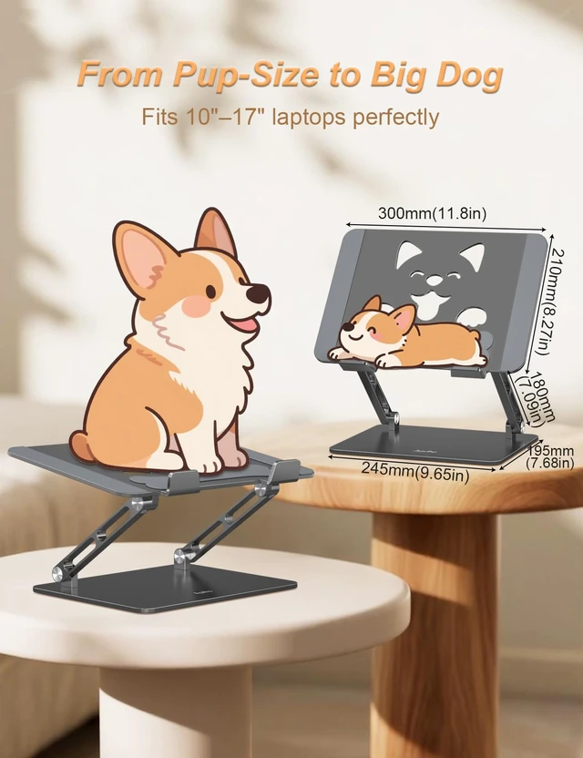 Alt view image 4 of 7 - Aluminum Laptop Stand for Desk Fit for All 10"-17.3" Laptops, Grey Height-adjustable Notebook Holder, Ergonomic Computer Riser with Unique Puppy Cooling Vent, for Mac, Dell, Lenovo, HP