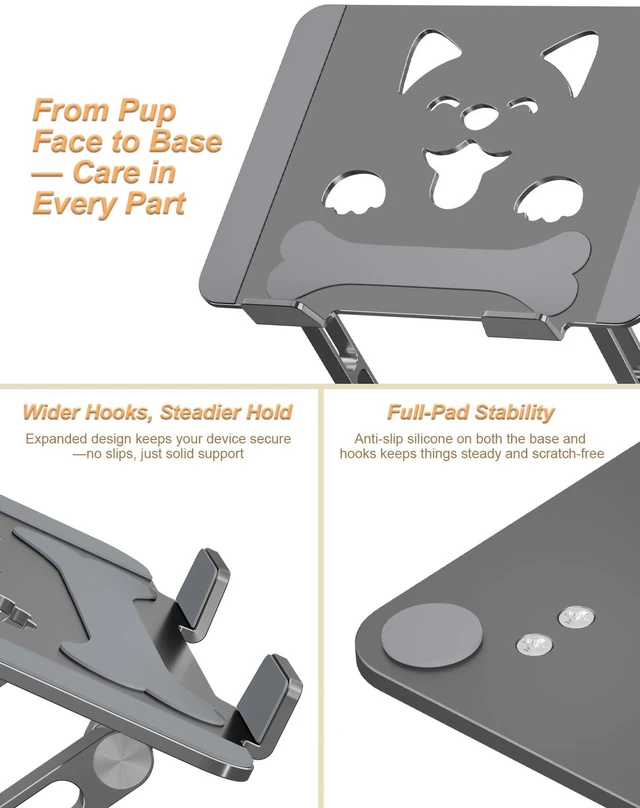 Alt view image 6 of 7 - Aluminum Laptop Stand for Desk Fit for All 10"-17.3" Laptops, Grey Height-adjustable Notebook Holder, Ergonomic Computer Riser with Unique Puppy Cooling Vent, for Mac, Dell, Lenovo, HP