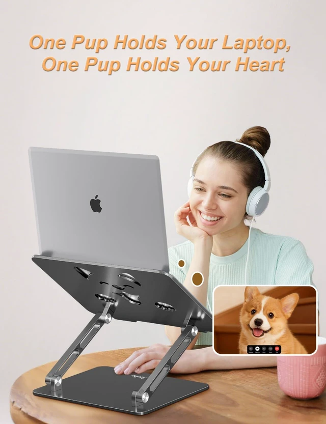 Alt view image 7 of 7 - Aluminum Laptop Stand for Desk Fit for All 10"-17.3" Laptops, Grey Height-adjustable Notebook Holder, Ergonomic Computer Riser with Unique Puppy Cooling Vent, for Mac, Dell, Lenovo, HP