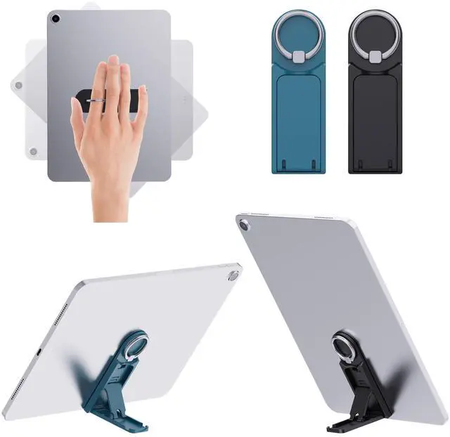 Main image of Universal Tablet Stand with Built-in Ring Holder 2 Pack-Adjustable Multifunction Tablet Kickstand with Adhesive Patch for iPad Pro, Air, Samsung Galaxy Tab, Kindle Tablets, Black &Teal