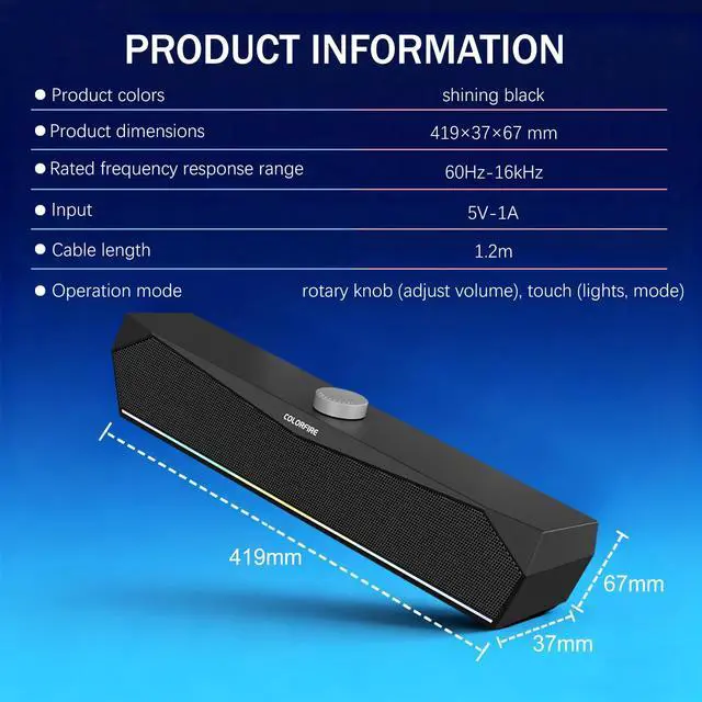 Alt view image 7 of 7 - Monitor Speakers,Computer Speakers,PC Speakers for Monitor,RGB Touch Lights,Computer SoundBar for PC USB-A Powered,Plug-and-Play,Clear Sound for Desktop Laptop,Smart TV(Black)