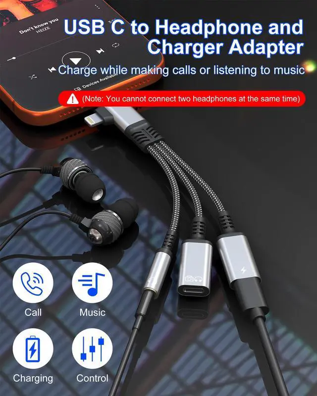 Alt view image 2 of 7 - USBC Splitter 1 in 2 Out for USB C Headphone Charging and Data - Dual Lightning & Type C to 3.5mm Audio Jack + USB-C Headphone Power Data Adapter, Support Call and Data Transfer for iPhone 17-5