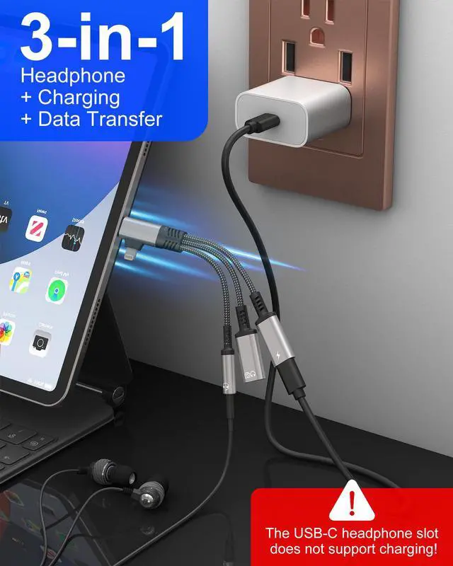 Alt view image 4 of 7 - USBC Splitter 1 in 2 Out for USB C Headphone Charging and Data - Dual Lightning & Type C to 3.5mm Audio Jack + USB-C Headphone Power Data Adapter, Support Call and Data Transfer for iPhone 17-5