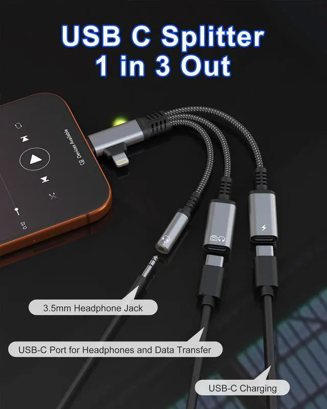 Alt view image 5 of 7 - USBC Splitter 1 in 2 Out for USB C Headphone Charging and Data - Dual Lightning & Type C to 3.5mm Audio Jack + USB-C Headphone Power Data Adapter, Support Call and Data Transfer for iPhone 17-5