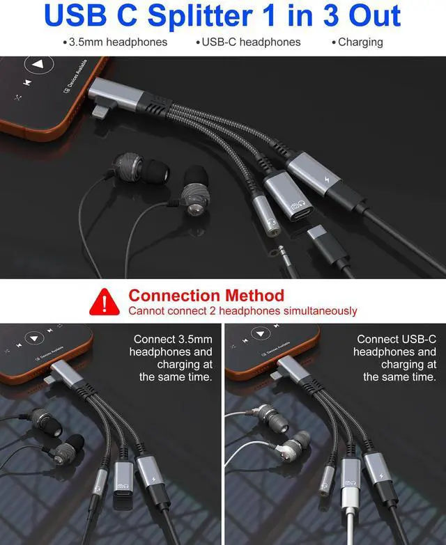 Alt view image 6 of 7 - USBC Splitter 1 in 2 Out for USB C Headphone Charging and Data - Dual Lightning & Type C to 3.5mm Audio Jack + USB-C Headphone Power Data Adapter, Support Call and Data Transfer for iPhone 17-5