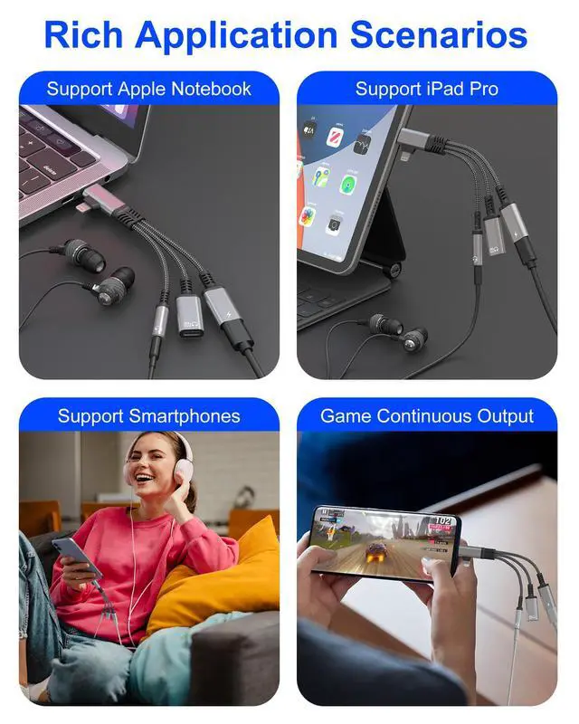 Alt view image 7 of 7 - USBC Splitter 1 in 2 Out for USB C Headphone Charging and Data - Dual Lightning & Type C to 3.5mm Audio Jack + USB-C Headphone Power Data Adapter, Support Call and Data Transfer for iPhone 17-5