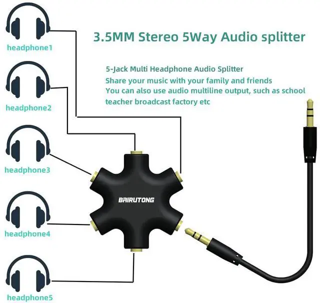 Alt view image 2 of 6 - 5-Jack Multi Headphone Audio Splitter With 3.5mm Stereo Cable 20cm & 100cm, 5-Pack