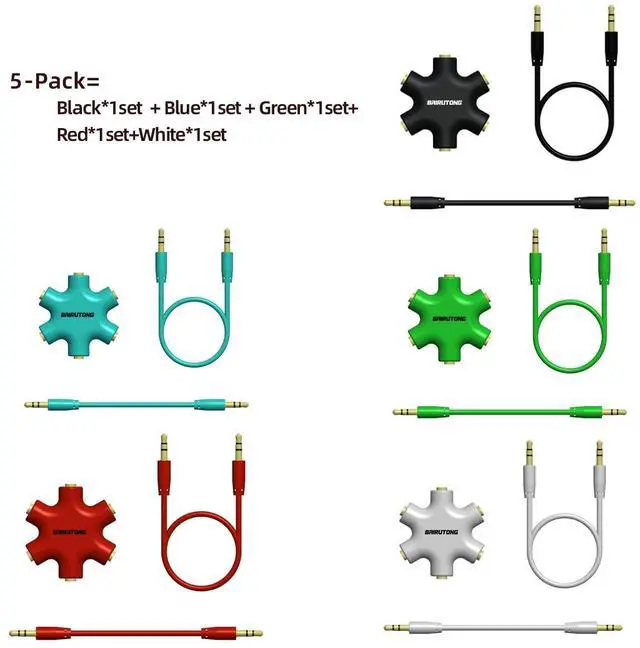 Alt view image 3 of 6 - 5-Jack Multi Headphone Audio Splitter With 3.5mm Stereo Cable 20cm & 100cm, 5-Pack