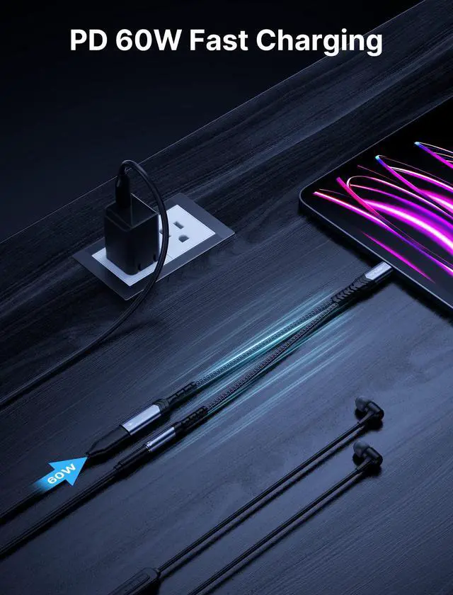 Alt view image 3 of 7 - USB C to 3.5mm Headphone and Charger Adapter, 2-in-1 Type C to Aux Audio Jack with PD 60W Fast Charging Dongle Cable Compatible with iPhone 16 Pro Max/15 Pro Max, Galaxy S24/S23 Ultra, Pixel 7