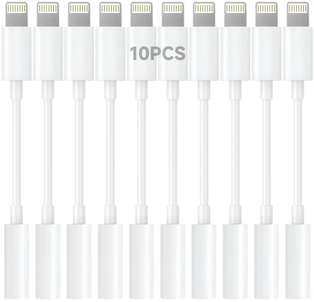 Main image of Apple MFi Certified Lightning to 3.5mm Headphone Jack Adapter -Premium Audio Quality & DAC Chip for Music Listening Car, Gym, Home Office, Compatible with iPhone 14/13/12/11/X/8/7 10Pack (White)