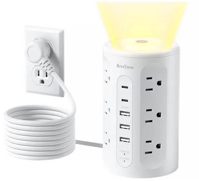 Main image of Power Strip Tower with Night Light, 15W Surge Protector Power Strip with USB Ports, 10 FT Extension Cord with Multiple Outlets (12AC+3A+2C) for Home Office Desk DormRoom (White)