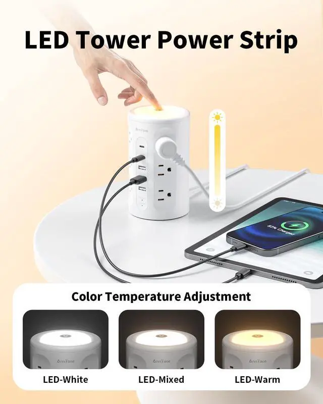 Alt view image 4 of 7 - Power Strip Tower with Night Light, 15W Surge Protector Power Strip with USB Ports, 10 FT Extension Cord with Multiple Outlets (12AC+3A+2C) for Home Office Desk DormRoom (White)