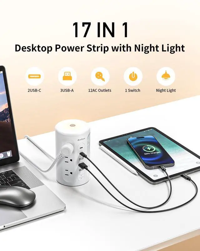 Alt view image 2 of 7 - Power Strip Tower with Night Light, 15W Surge Protector Power Strip with USB Ports, 10 FT Extension Cord with Multiple Outlets (12AC+3A+2C) for Home Office Desk DormRoom (White)