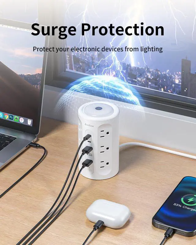 Alt view image 7 of 7 - Power Strip Tower with Night Light, 15W Surge Protector Power Strip with USB Ports, 10 FT Extension Cord with Multiple Outlets (12AC+3A+2C) for Home Office Desk DormRoom (White)