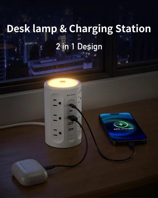 Alt view image 3 of 7 - Power Strip Tower with Night Light, 15W Surge Protector Power Strip with USB Ports, 10 FT Extension Cord with Multiple Outlets (12AC+3A+2C) for Home Office Desk DormRoom (White)