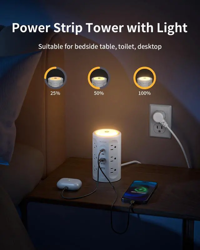 Alt view image 5 of 7 - Power Strip Tower with Night Light, 15W Surge Protector Power Strip with USB Ports, 10 FT Extension Cord with Multiple Outlets (12AC+3A+2C) for Home Office Desk DormRoom (White)