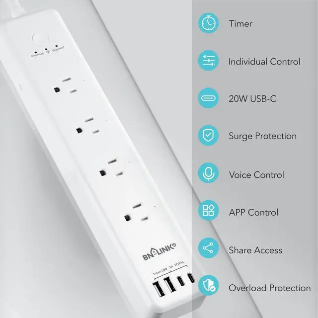 Alt view image 4 of 7 - Smart Plug Power StripSurge Protector with 4 Individually Controlled Smart Outlets, 4 USBs (incl. 20W USB-C), Compatible with Alexa and Google Home