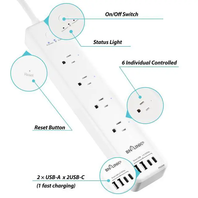 Alt view image 6 of 7 - Smart Plug Power StripSurge Protector with 4 Individually Controlled Smart Outlets, 4 USBs (incl. 20W USB-C), Compatible with Alexa and Google Home