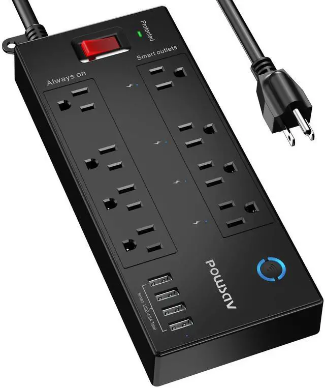 Main image of 6 Ft WiFi Surge Protector - 8 Outlet Extension Cord with 4 Smart & 4 Always On Outlets, 4 USB Ports, Alexa & Google Home Compatible, Black