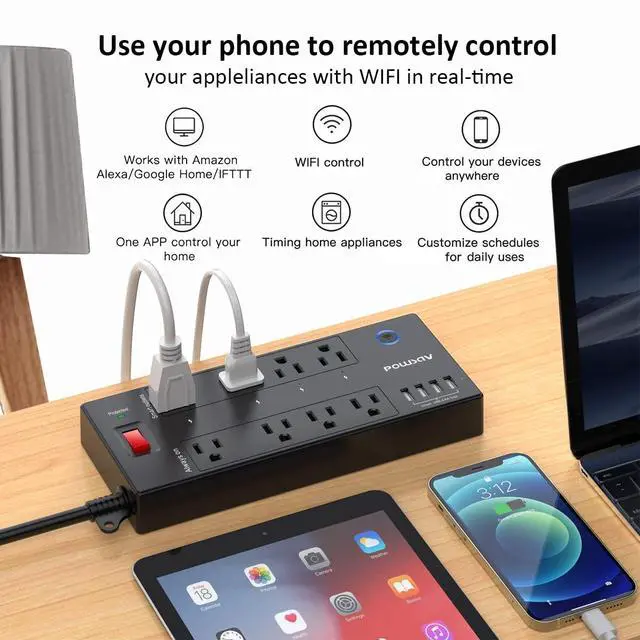 Alt view image 2 of 7 - 6 Ft WiFi Surge Protector - 8 Outlet Extension Cord with 4 Smart & 4 Always On Outlets, 4 USB Ports, Alexa & Google Home Compatible, Black