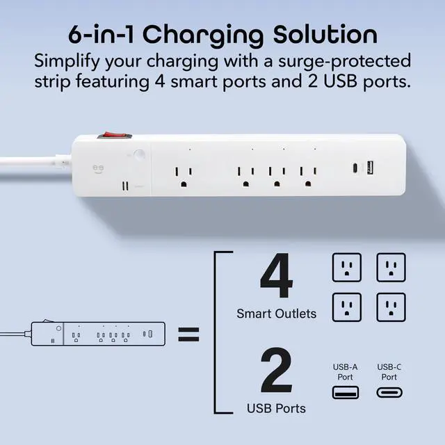 Alt view image 7 of 7 - Multi Outlet Plug in, Smart 4 Outlet Wall Plug Plus 2 USB Ports, Surge Protector with 6 Ft Cord, WiFi Control, Alexa & Google Home Compatible, White
