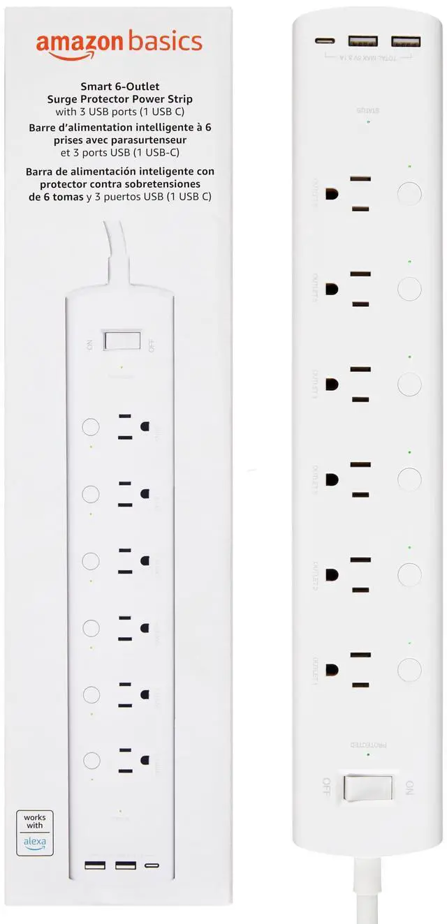 Main image of Smart Plug Power Strip with 6 Individually Controlled Outlets and 3 USB Ports (2 USB-A and 1 USB-C), WiFi, Works with Alexa Only, 2.4 GHz, No Hub Required, White