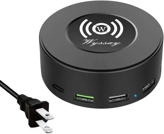 Main image of 75W 6-Port Desktop Charging Station With Wireless Charger - Type-C, Quick Charge 3.0, 4 USB Ports - Multi Charger Hub for Smartphones and More (Black)