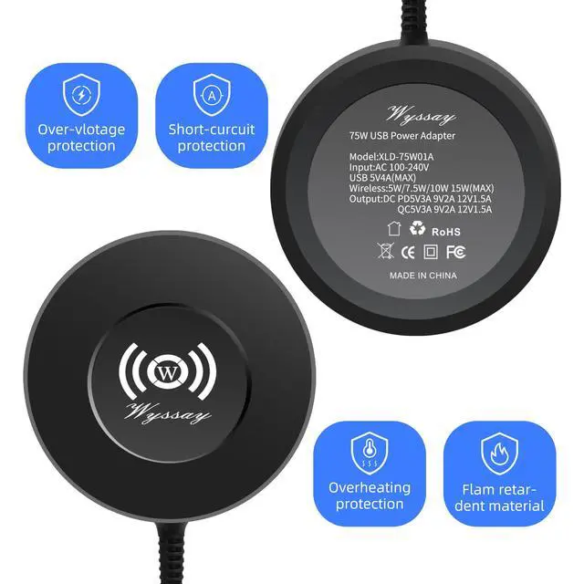 Alt view image 5 of 7 - 75W 6-Port Desktop Charging Station With Wireless Charger - Type-C, Quick Charge 3.0, 4 USB Ports - Multi Charger Hub for Smartphones and More (Black)