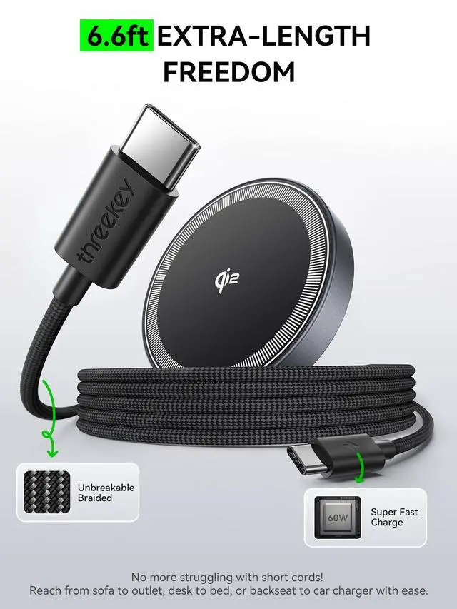 Alt view image 3 of 7 - 2 Pack 15W Qi2 Certified Magnetic Wireless Charger 6.6ft Cable, Fast Charging Pad for iPhone 17-12&Airpods Series(20W Adapter Included)