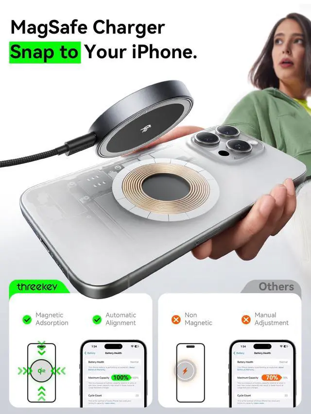 Alt view image 4 of 7 - 2 Pack 15W Qi2 Certified Magnetic Wireless Charger 6.6ft Cable, Fast Charging Pad for iPhone 17-12&Airpods Series(20W Adapter Included)