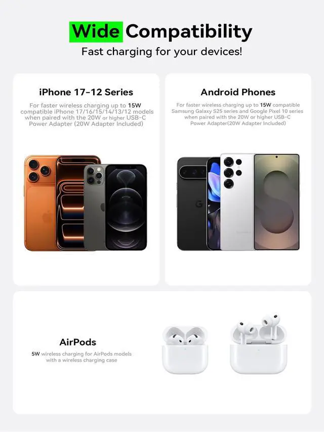 Alt view image 6 of 7 - 2 Pack 15W Qi2 Certified Magnetic Wireless Charger 6.6ft Cable, Fast Charging Pad for iPhone 17-12&Airpods Series(20W Adapter Included)