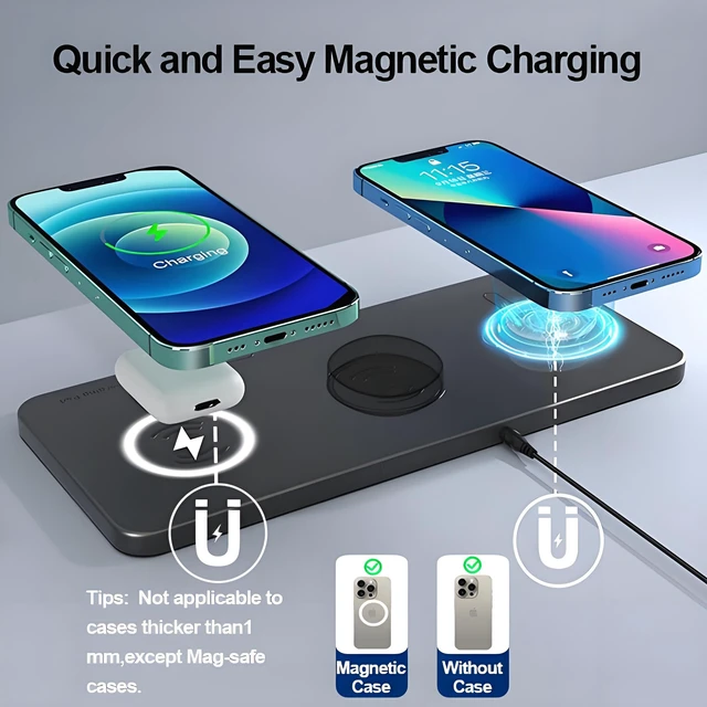 Alt view image 5 of 7 - Magnetic Wireless Charger Pad - 3 in 1 Fast Mag-Safe Charging Station for iPhone 17/16/15/14/13/12 Series, AirPods 4/3/2 Pro, 15W Wireless Charging Mat/Pad for Apple Multiple Devices(with Adapter)