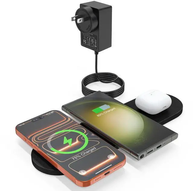 Main image of Wireless Charging Pad,Triple Wireless Charger Pad Multiple Devices Compatible with iPhone Phone New AirPods Galaxy Buds Ultra-Slim PU Leather Wireless Charging Mat for Smartphone Phone Black