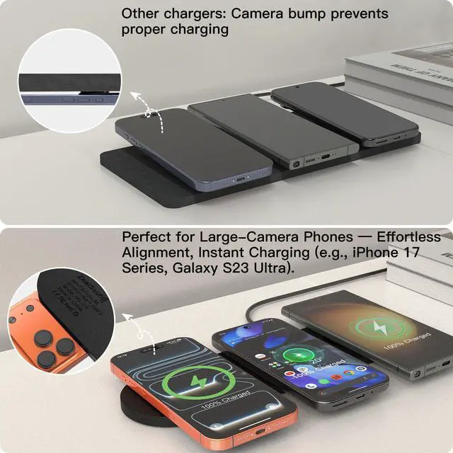 Alt view image 3 of 7 - Wireless Charging Pad,Triple Wireless Charger Pad Multiple Devices Compatible with iPhone Phone New AirPods Galaxy Buds Ultra-Slim PU Leather Wireless Charging Mat for Smartphone Phone Black