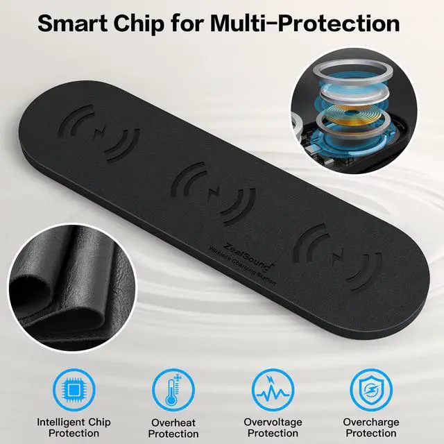 Alt view image 4 of 7 - Wireless Charging Pad,Triple Wireless Charger Pad Multiple Devices Compatible with iPhone Phone New AirPods Galaxy Buds Ultra-Slim PU Leather Wireless Charging Mat for Smartphone Phone Black