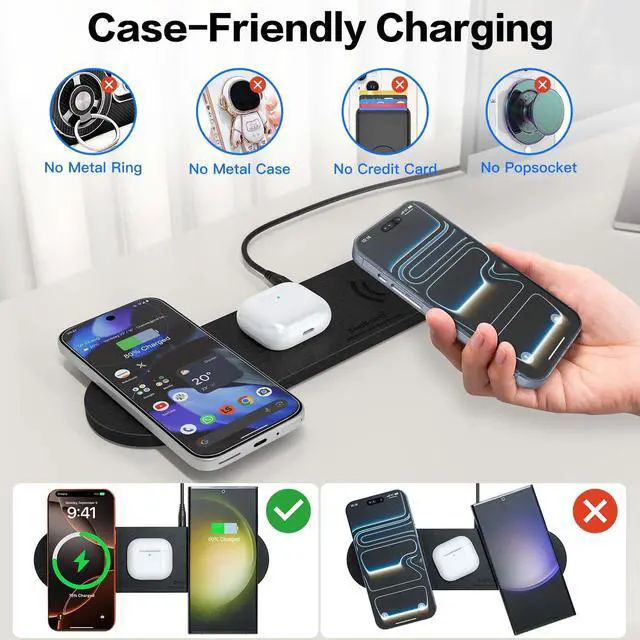 Alt view image 5 of 7 - Wireless Charging Pad,Triple Wireless Charger Pad Multiple Devices Compatible with iPhone Phone New AirPods Galaxy Buds Ultra-Slim PU Leather Wireless Charging Mat for Smartphone Phone Black