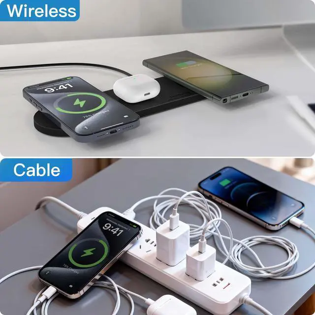 Alt view image 6 of 7 - Wireless Charging Pad,Triple Wireless Charger Pad Multiple Devices Compatible with iPhone Phone New AirPods Galaxy Buds Ultra-Slim PU Leather Wireless Charging Mat for Smartphone Phone Black