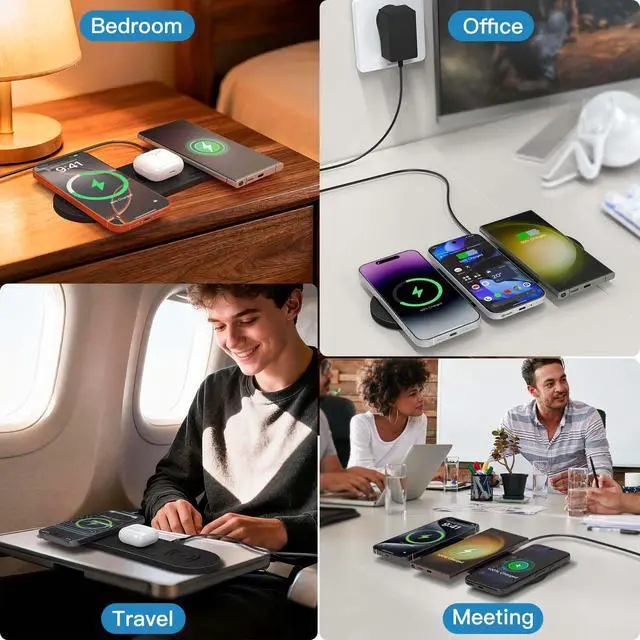 Alt view image 7 of 7 - Wireless Charging Pad,Triple Wireless Charger Pad Multiple Devices Compatible with iPhone Phone New AirPods Galaxy Buds Ultra-Slim PU Leather Wireless Charging Mat for Smartphone Phone Black